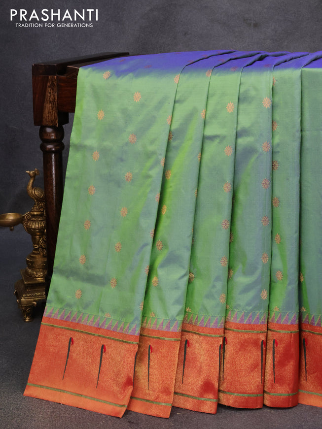 Pure paithani silk saree dual shade of bluish green and red with allover zari woven floral buttas and zari woven paithani butta border