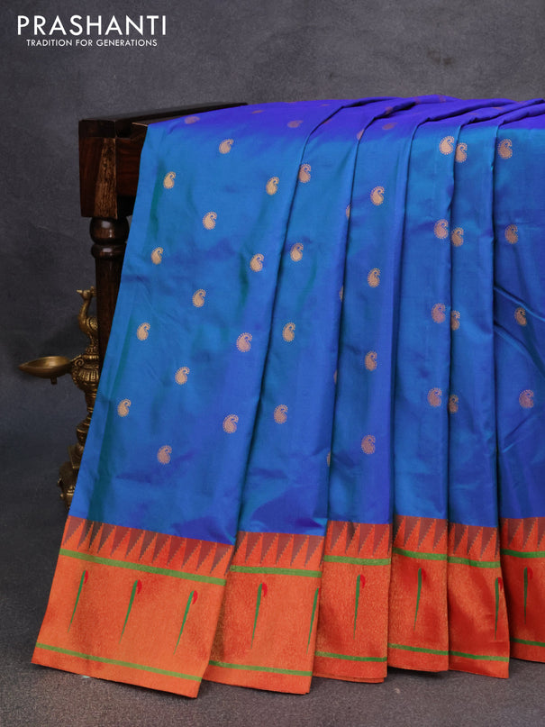 Pure paithani silk saree cs blue and red with allover paisley zari woven buttas and zari woven paithani butta border