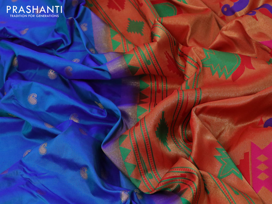 Pure paithani silk saree cs blue and red with allover paisley zari woven buttas and zari woven paithani butta border