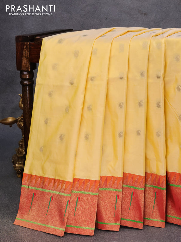Pure paithani silk saree pale yellow and red with allover paisley zari woven buttas and zari woven paithani butta border