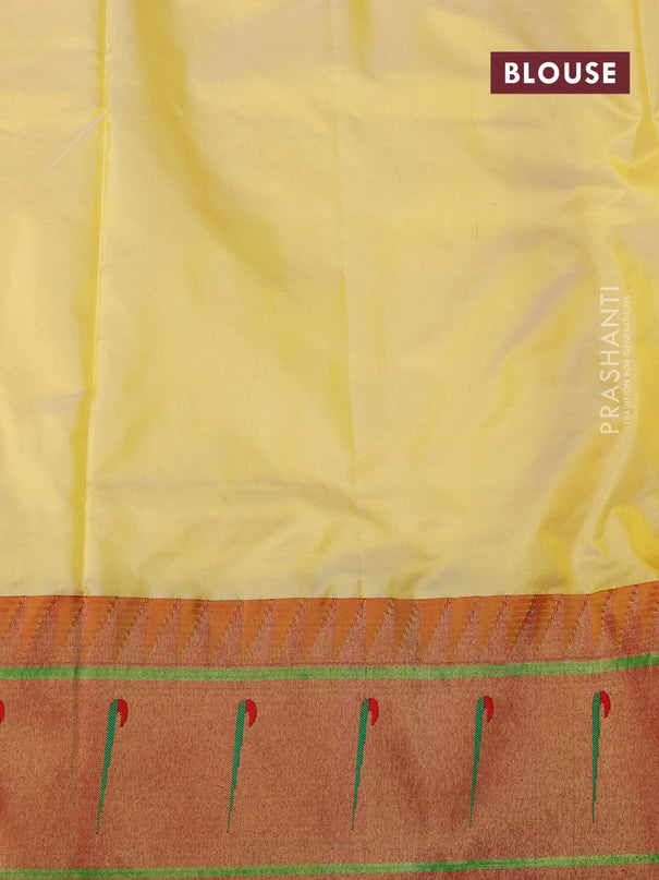 Pure paithani silk saree pale yellow and red with allover paisley zari woven buttas and zari woven paithani butta border