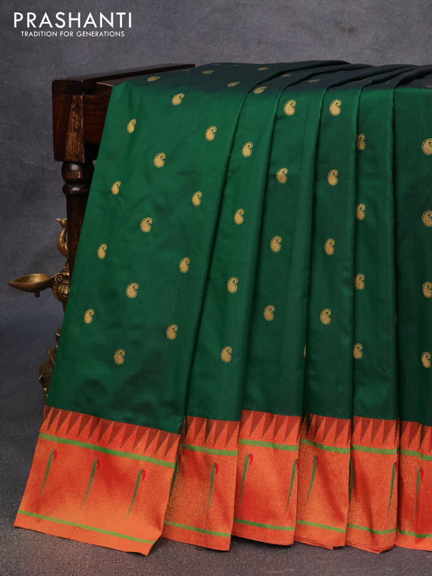 Pure paithani silk saree green and red with allover paisley zari woven buttas and zari woven paithani butta border