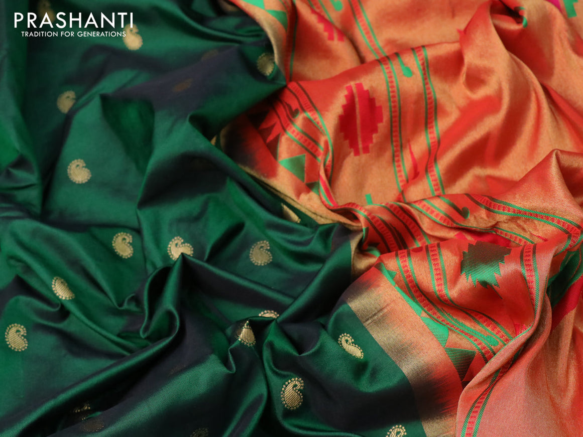 Pure paithani silk saree green and red with allover paisley zari woven buttas and zari woven paithani butta border