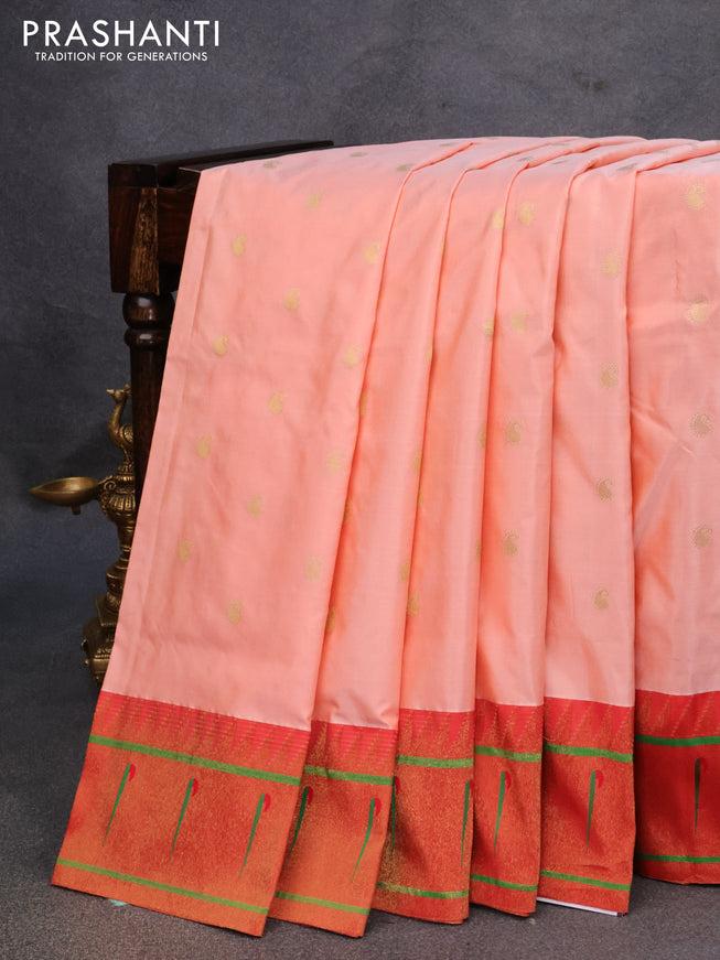 Pure paithani silk saree peach orange and red with allover paisley zari woven buttas and zari woven paithani butta border