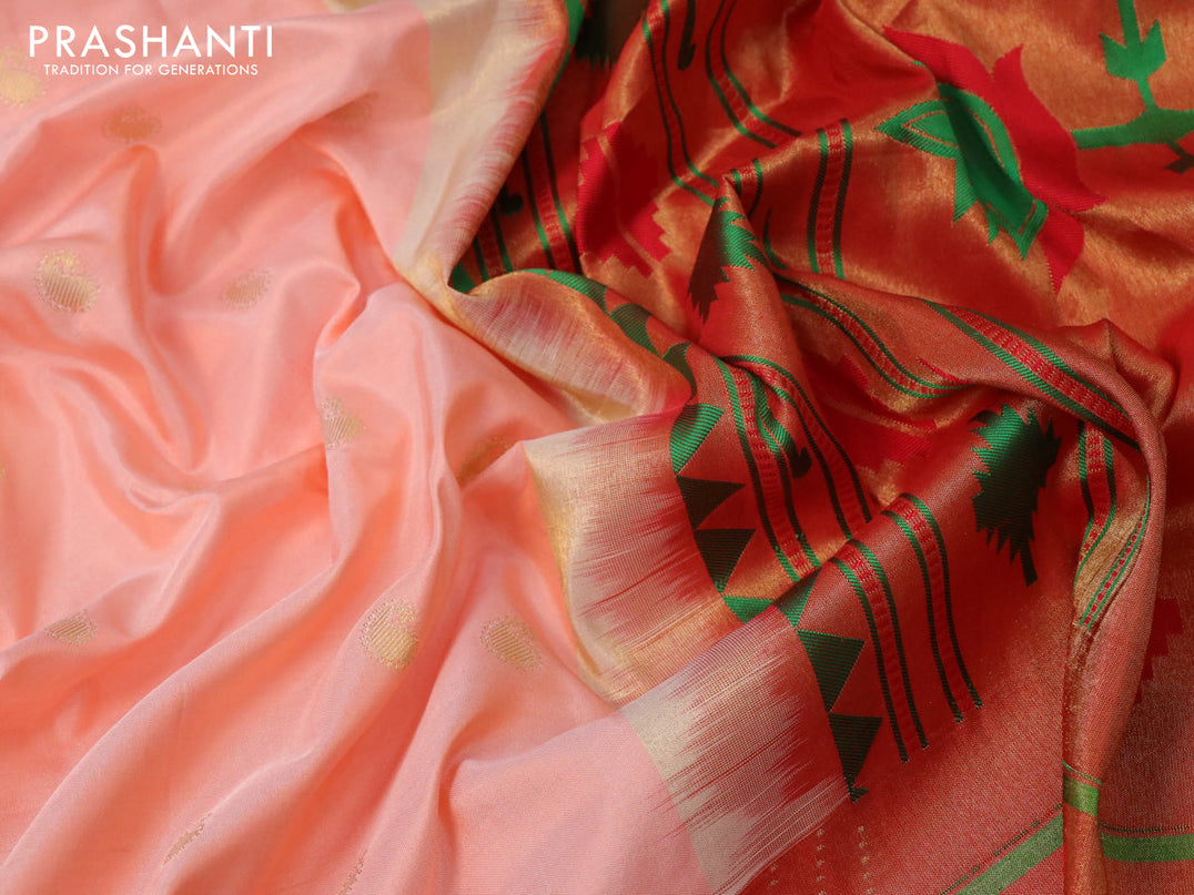 Pure paithani silk saree peach orange and red with allover paisley zari woven buttas and zari woven paithani butta border