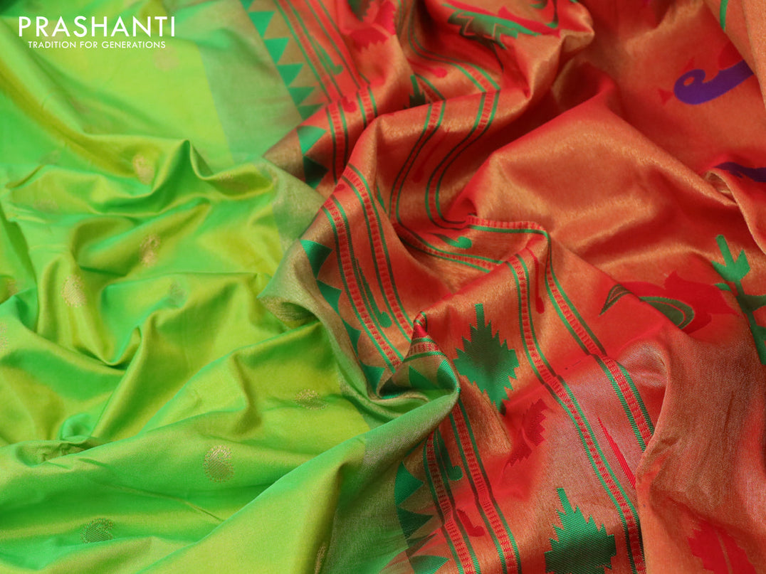 Pure paithani silk saree light green and red with allover paisley zari woven buttas and zari woven paithani butta border