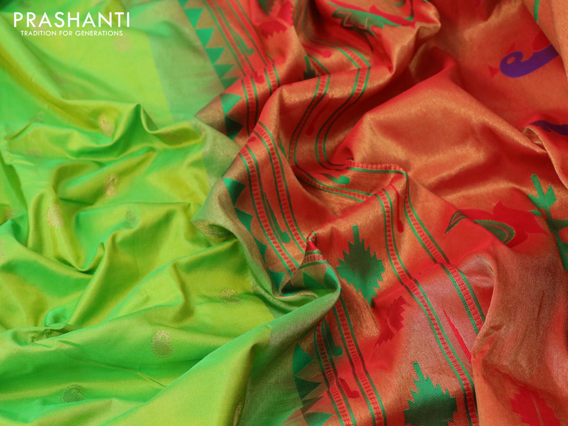 Pure paithani silk saree light green and red with allover paisley zari woven buttas and zari woven paithani butta border