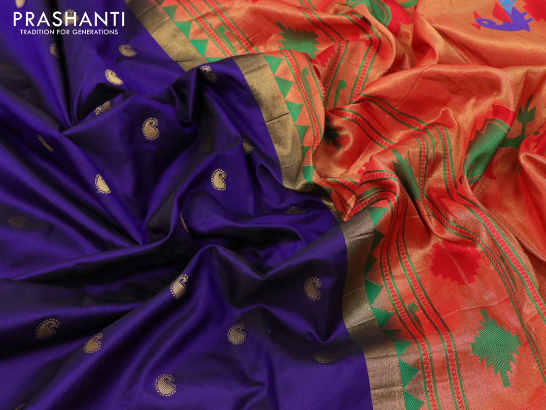 Pure paithani silk saree blue and red with allover paisley zari woven buttas and zari woven paithani butta border