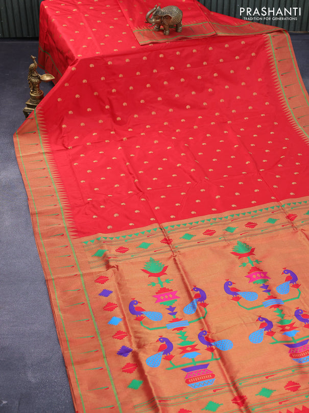 Pure paithani silk saree red with allover paisley zari woven buttas and zari woven paithani butta border