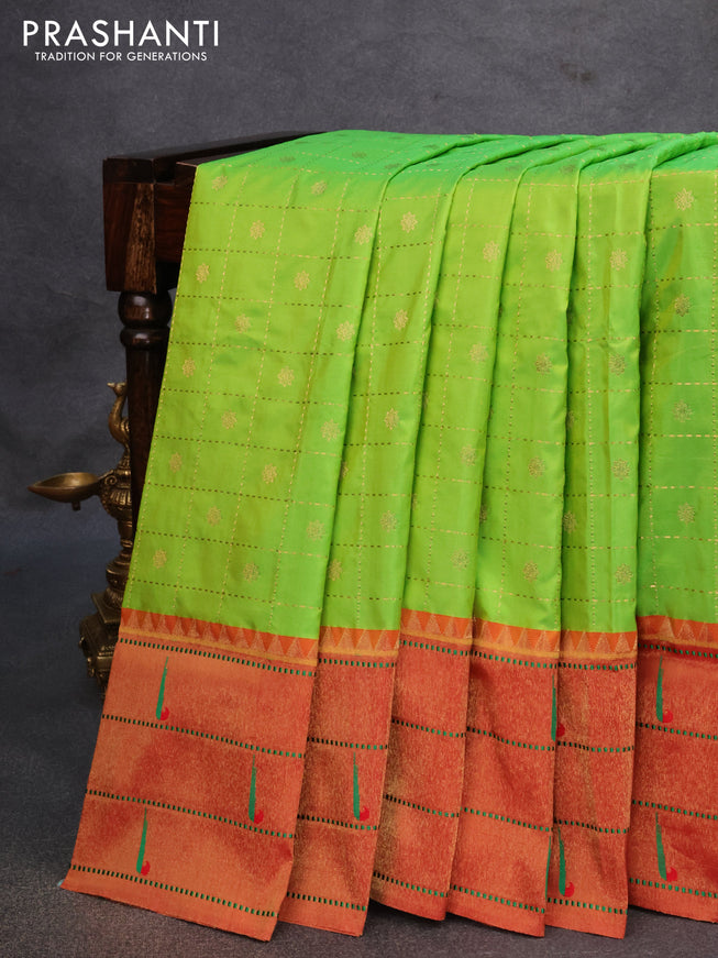 Pure paithani silk saree light green and red with allover zari checks & buttas and zari woven paithani butta border