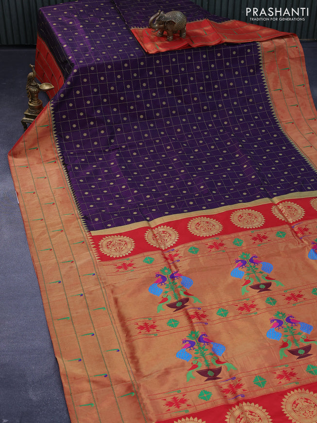 Pure paithani silk saree deep violet and red with allover zari checks & buttas and zari woven paithani butta border