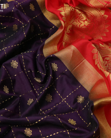 Pure paithani silk saree deep violet and red with allover zari checks & buttas and zari woven paithani butta border