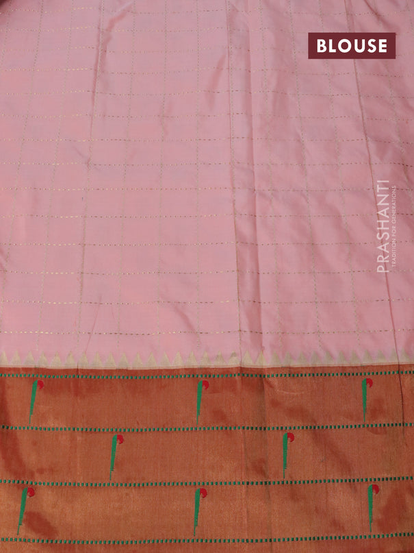 Pure paithani silk saree peach orange and red with allover zari checks & buttas and zari woven paithani butta border