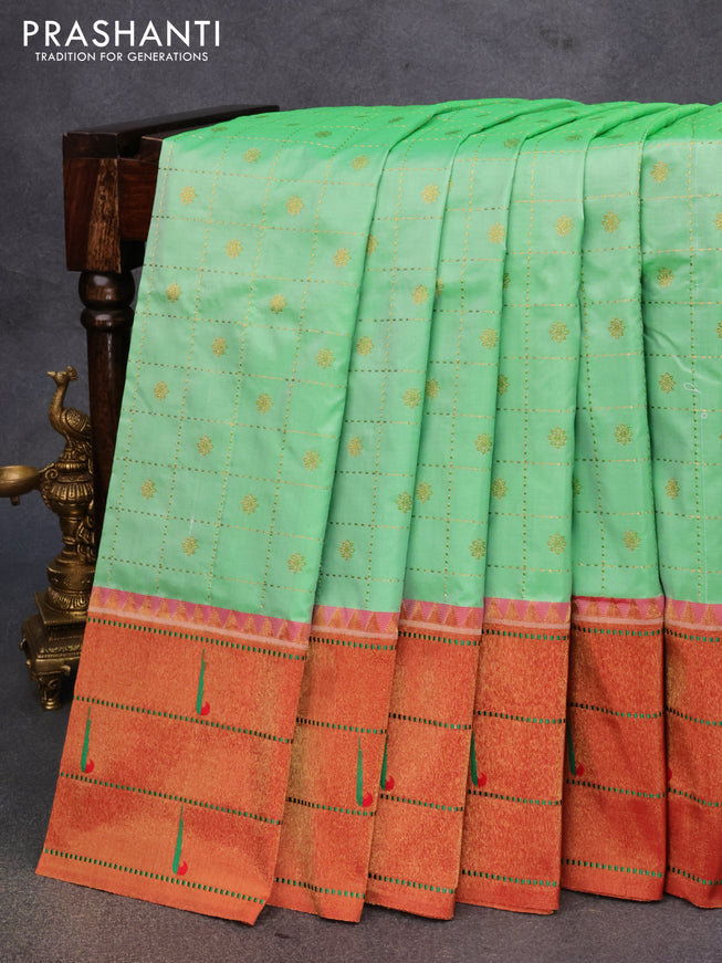 Pure paithani silk saree pastel green and red with allover zari checks & buttas and zari woven paithani butta border