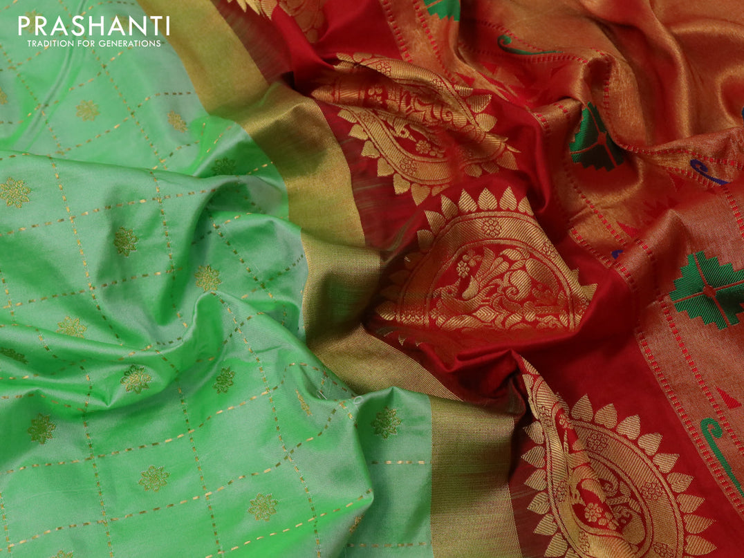 Pure paithani silk saree pastel green and red with allover zari checks & buttas and zari woven paithani butta border