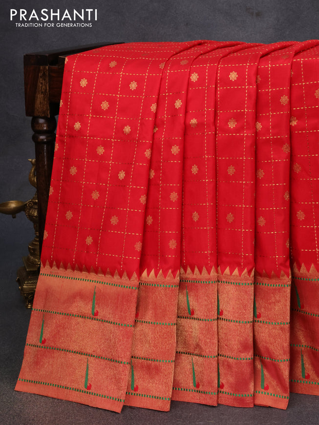 Pure paithani silk saree red with allover zari checks & buttas and zari woven paithani butta border