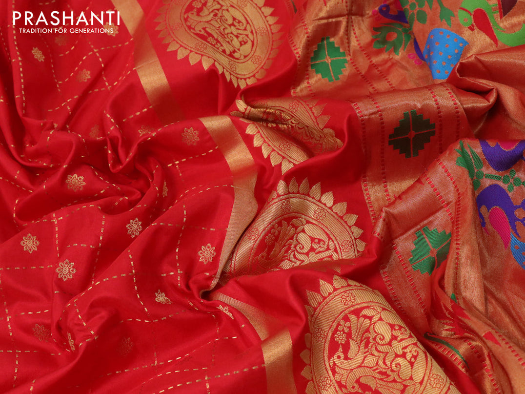 Pure paithani silk saree red with allover zari checks & buttas and zari woven paithani butta border