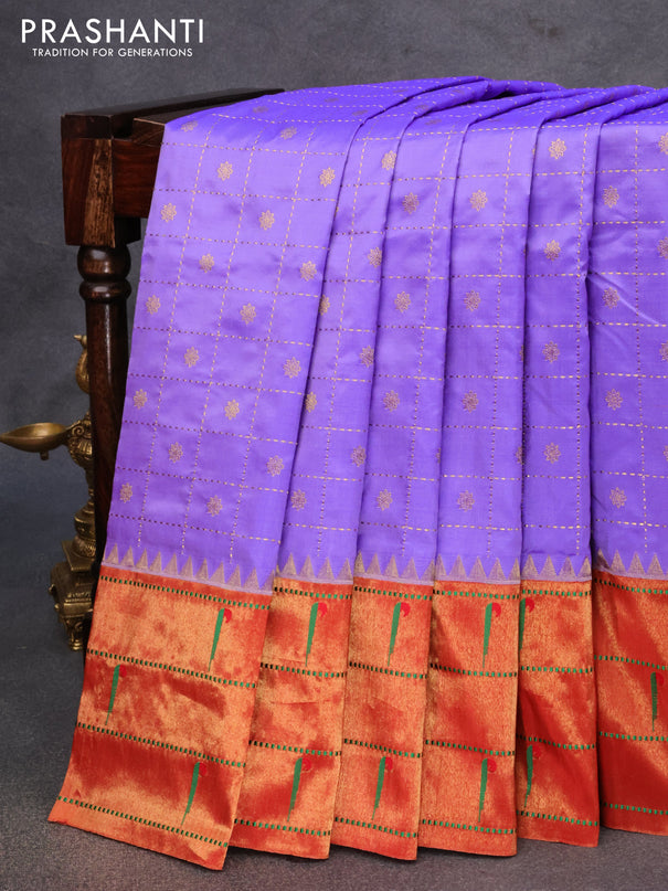 Pure paithani silk saree lavender shade and red with allover zari checks & buttas and zari woven paithani butta border