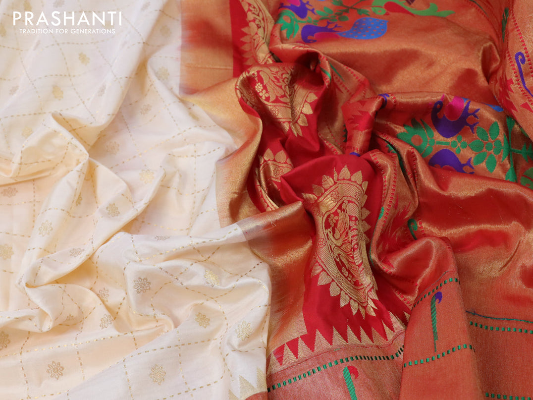 Pure paithani silk saree sandal and red with allover zari checks & buttas and zari woven paithani butta border