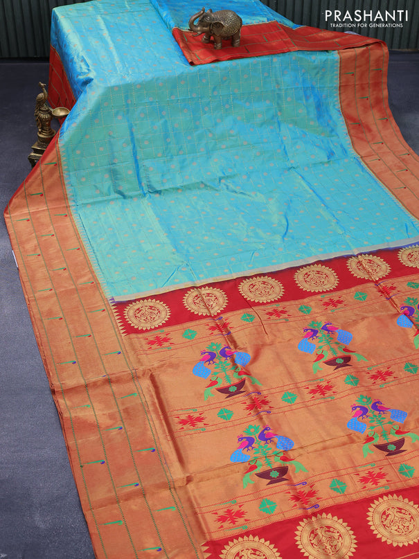 Pure paithani silk saree teal blue and red with allover zari checks & buttas and zari woven paithani butta border