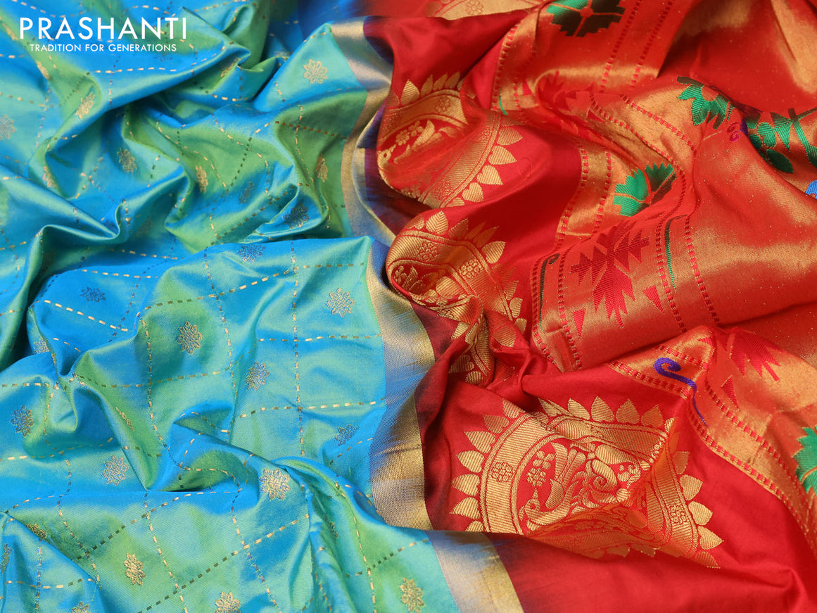 Pure paithani silk saree teal blue and red with allover zari checks & buttas and zari woven paithani butta border