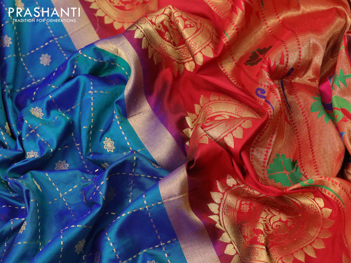 Pure paithani silk saree dual shade of blue and red with allover zari checks & buttas and zari woven paithani butta border