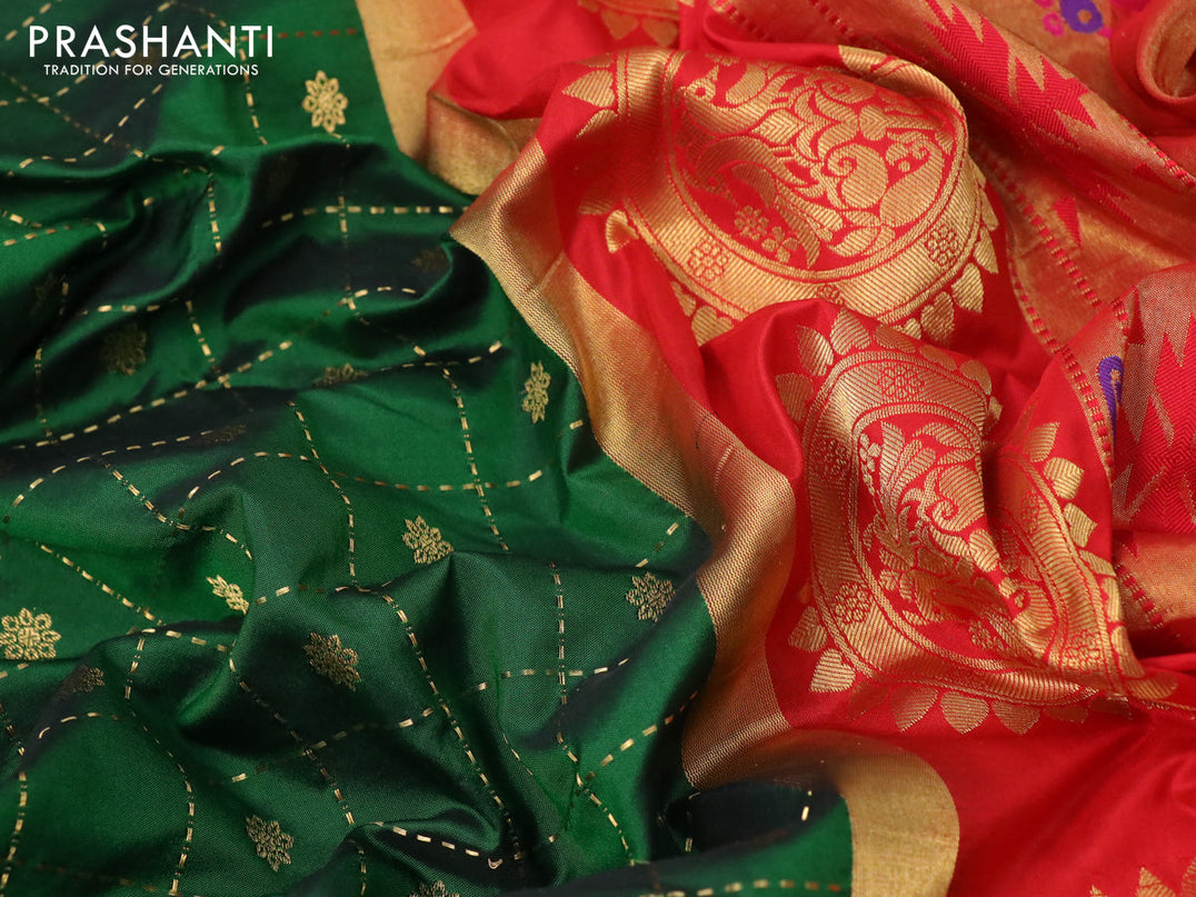 Pure paithani silk saree green and red with allover zari checks & buttas and zari woven paithani butta border