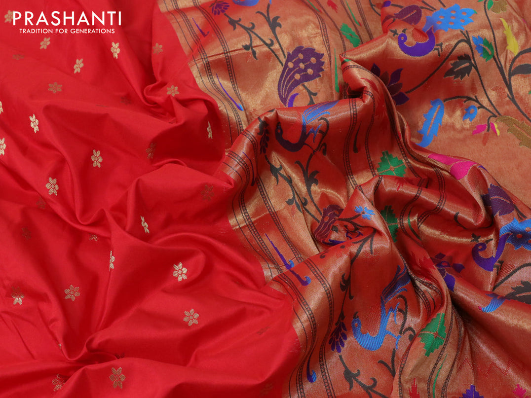 Pure paithani silk saree red with allover zari woven floral buttas and zari woven peacock design paithani border