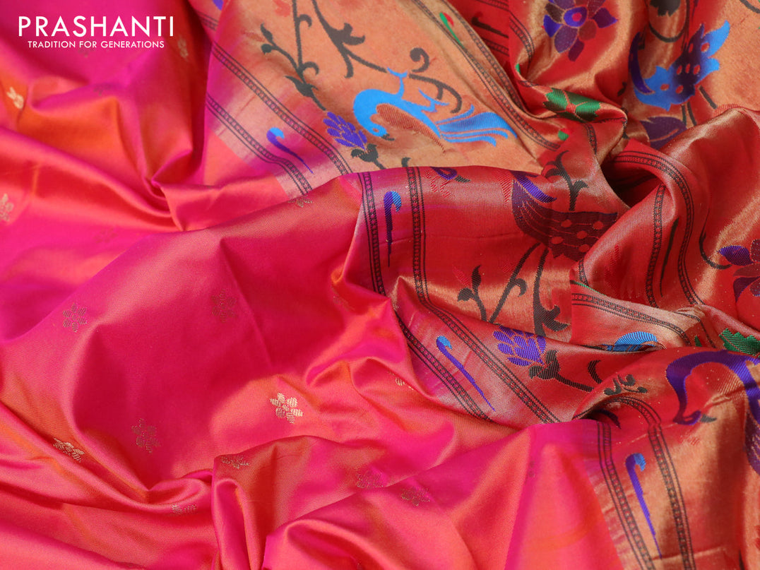 Pure paithani silk saree dual shade of pinkish orange and red with allover zari woven floral buttas and zari woven peacock design paithani border