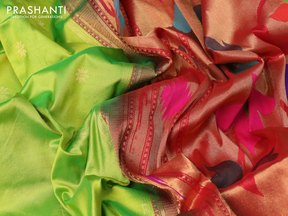 Pure paithani silk saree light green and red with allover zari woven floral buttas and zari checked paithani butta border