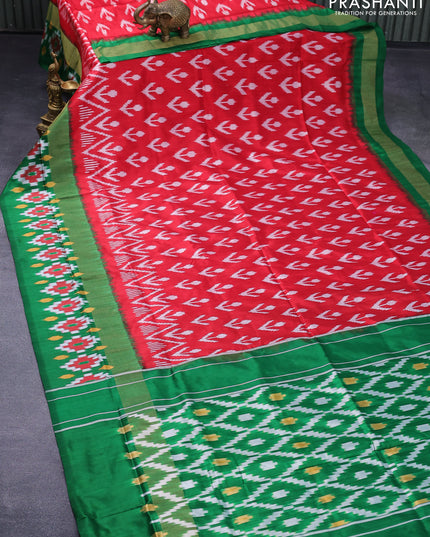 Pochampally silk saree red and green with allover ikat butta weaves and zari woven ikat style border