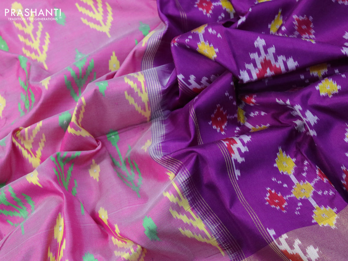 Pochampally silk saree pink and deep purple with allover ikat butta weaves and long zari woven ikat style border