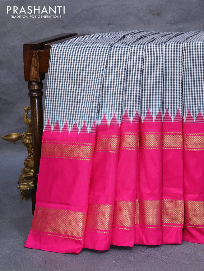 Pochampally silk saree off white black and pink with allover small checked pattern and rettapet zari woven border