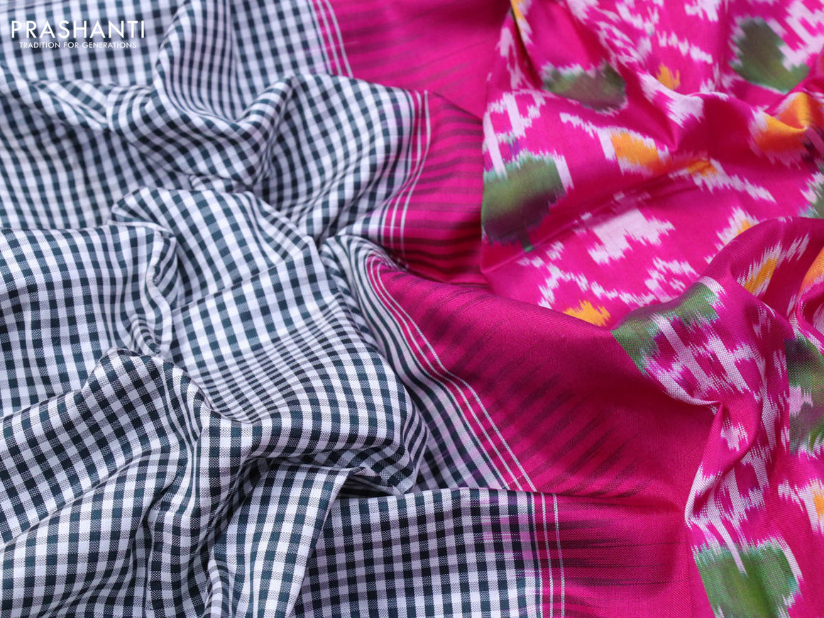 Pochampally silk saree off white black and pink with allover small checked pattern and rettapet zari woven border