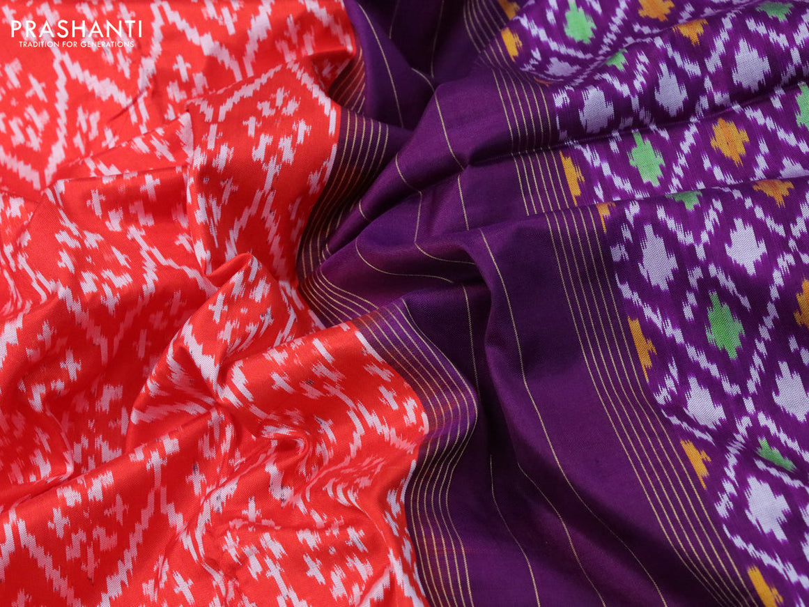 Pochampally silk saree orange and deep purple with allover ikat weaves and long zari woven ikat style border