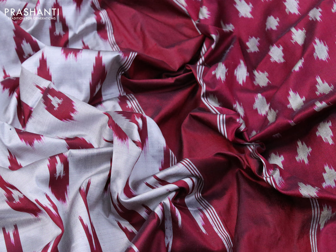 Pochampally silk saree grey and deep maroon with allover ikat weaves and ikat design zari woven border