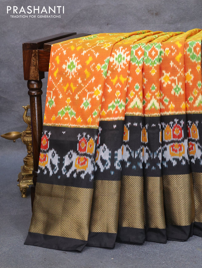 Pochampally silk saree orange and black with allover ikat weaves and zari woven border