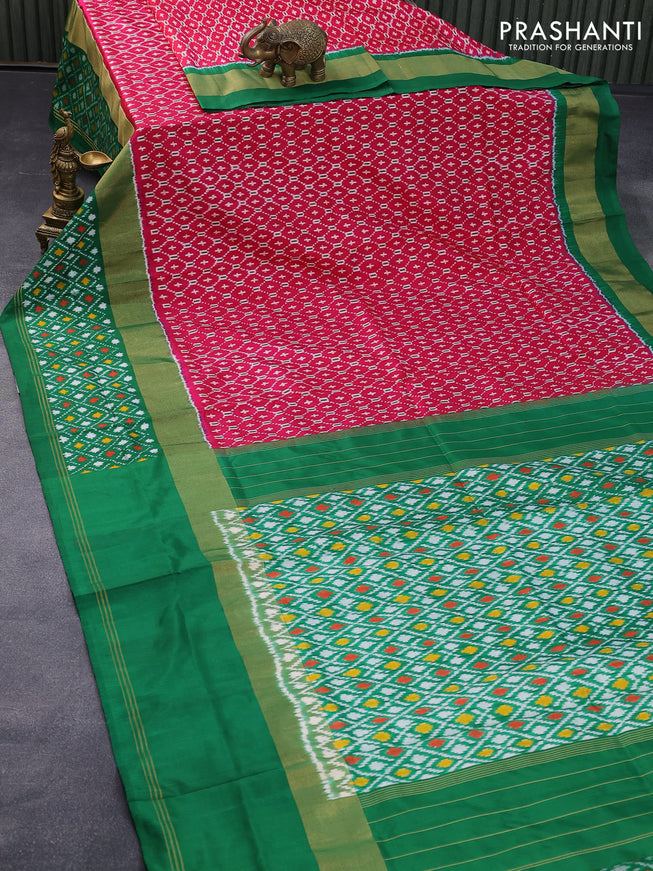Pochampally silk saree pink and green with allover ikat weaves and zari woven ikat style border