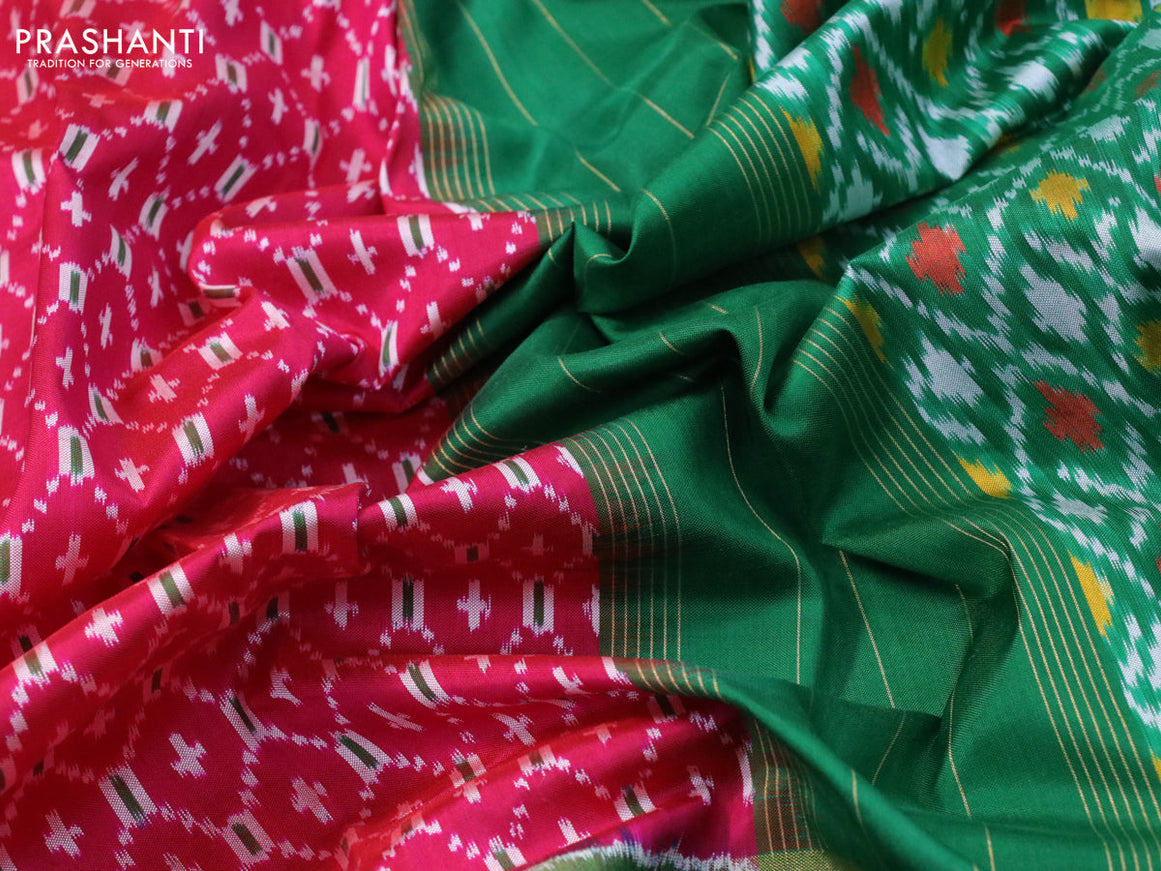 Pochampally silk saree pink and green with allover ikat weaves and zari woven ikat style border