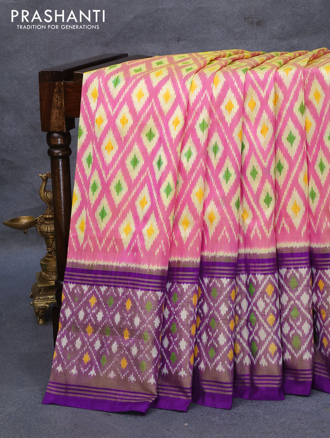 Pochampally silk saree light pink and violet with allover ikat weaves and long zari woven ikat style border