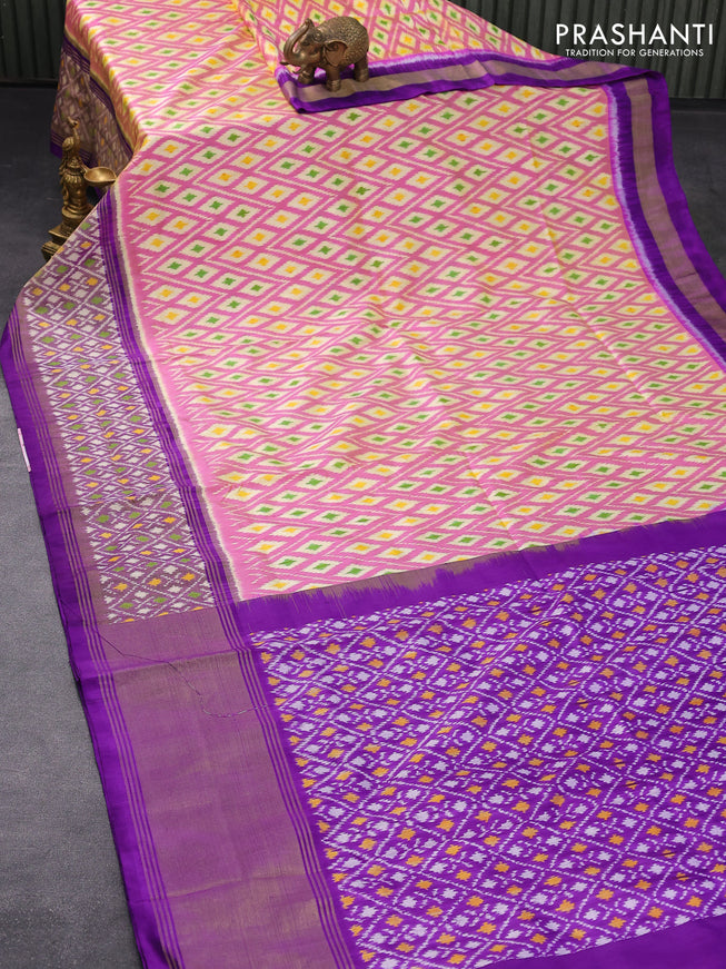 Pochampally silk saree light pink and violet with allover ikat weaves and long zari woven ikat style border
