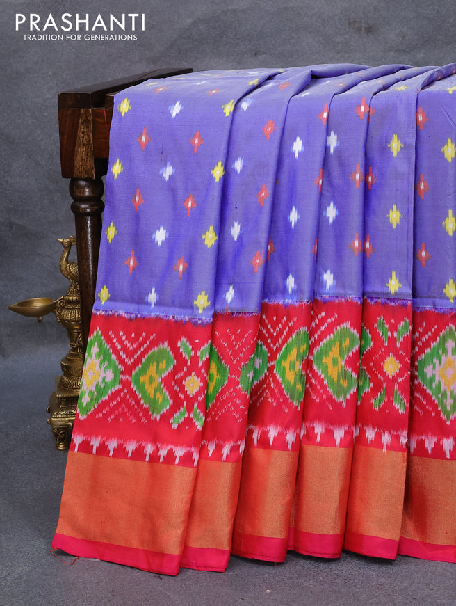 Pochampally silk saree blue and pink with allover ikat woven butta weaves and ikat design zari woven border