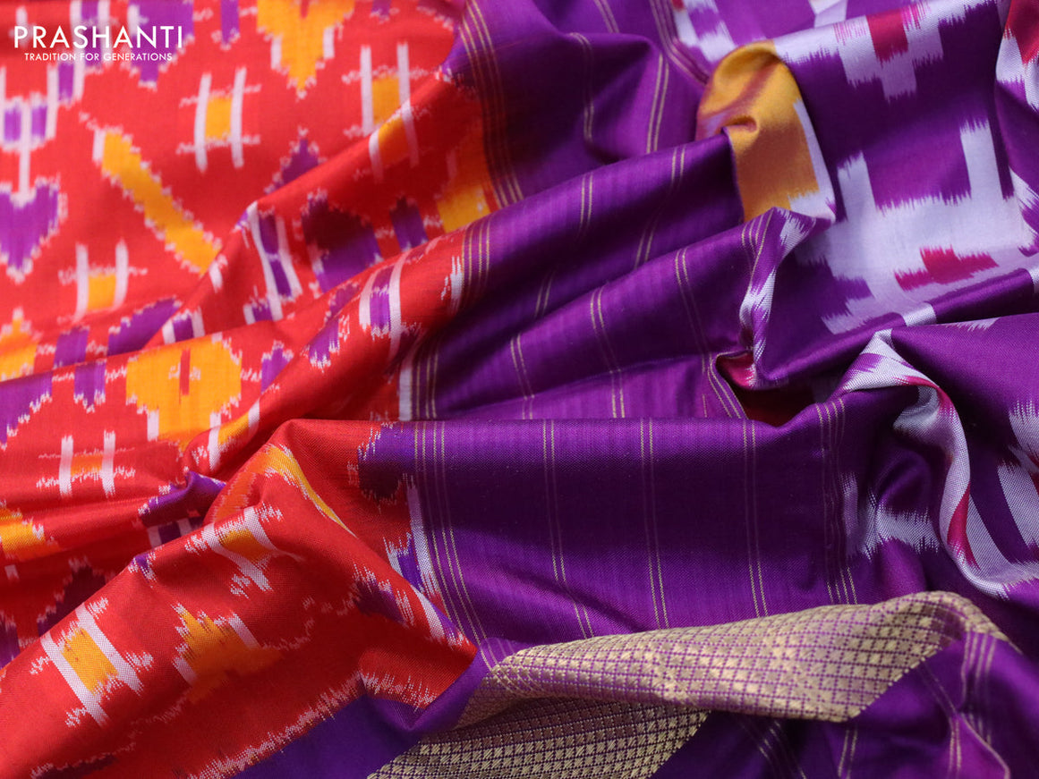 Pochampally silk saree orange and deep purple with allover ikat weaves and long zari woven ikat style border