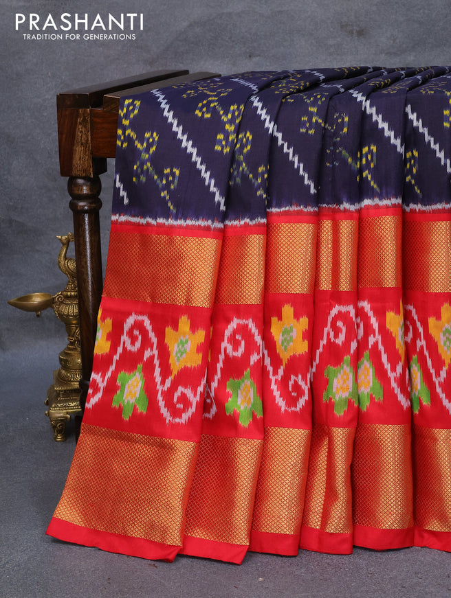 Pochampally silk saree navy blue and red with allover ikat weaves and long zari woven ikat style border
