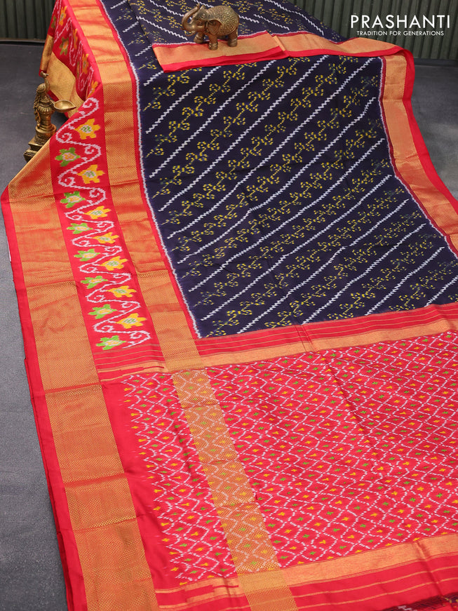 Pochampally silk saree navy blue and red with allover ikat weaves and long zari woven ikat style border