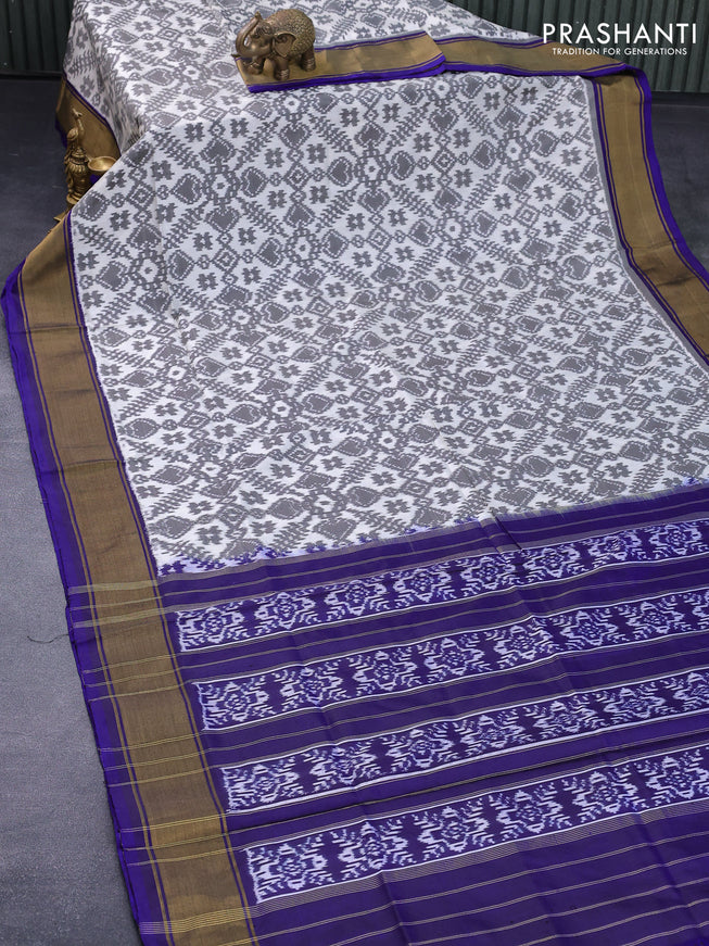 Pochampally silk saree off white grey and blue with allover ikat weaves and zari woven border