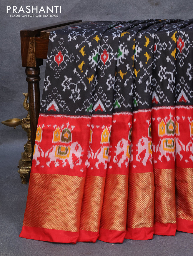 Pochampally silk saree black and maroon with allover ikat weaves and ikat style zari woven border