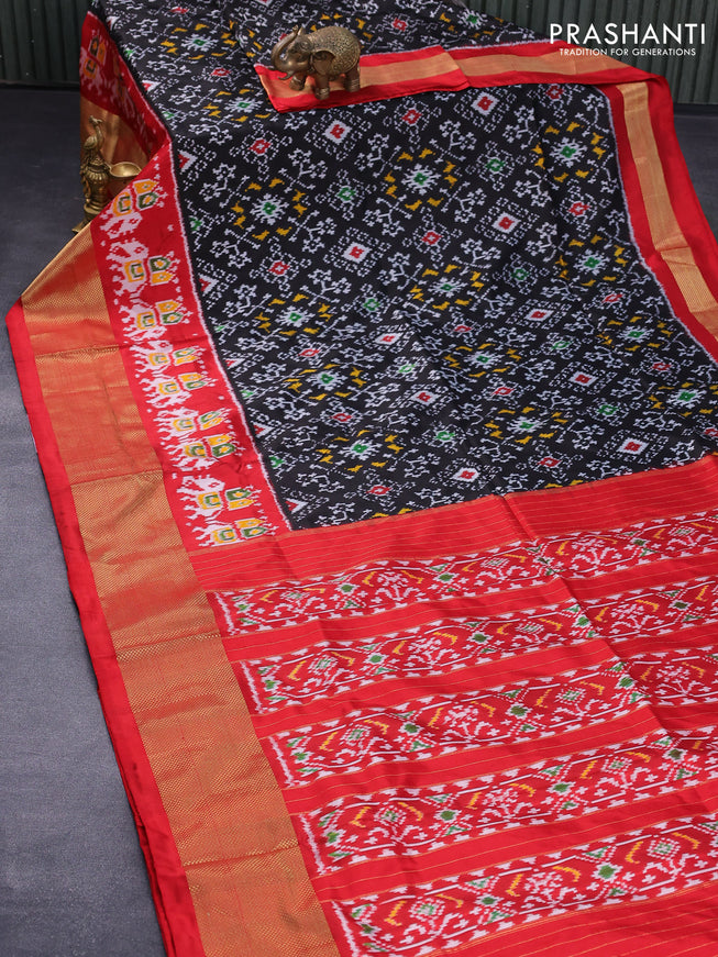Pochampally silk saree black and maroon with allover ikat weaves and ikat style zari woven border