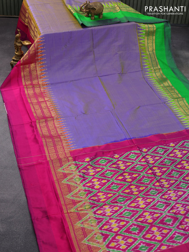 Pochampally silk saree dual shade of bluish green with plain body and zari woven ganga jamuna border