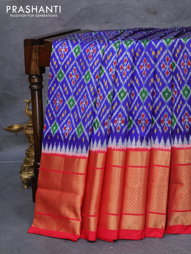 Pochampally silk saree blue and red with allover ikat weaves and long woven zari border